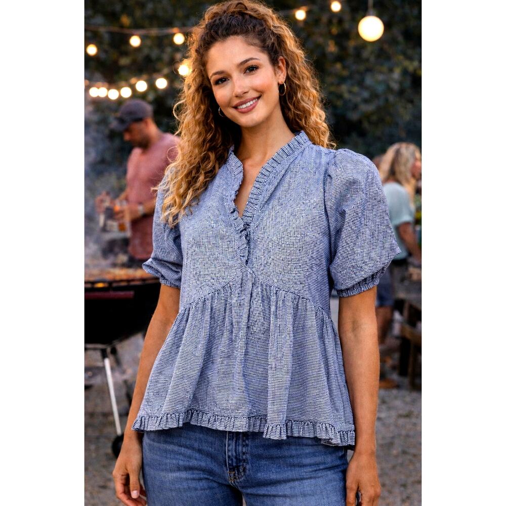 Harshman Houndstooth Aiya Blouse Navy Puffed Sleeve size S